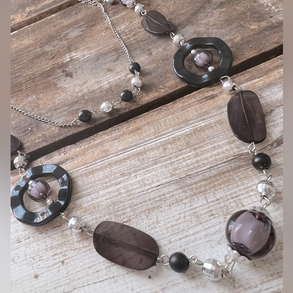 Casual 3 Layered Beaded Necklace Black, Purple & Silver - Picture 3 of 7